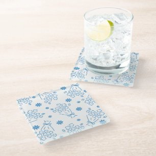 Charm Blue Flower Bouquet Pattern Glass Coaster