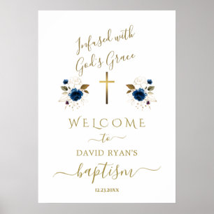 Charm Blue Flowers Gold Boy Baptism Affiche de bie