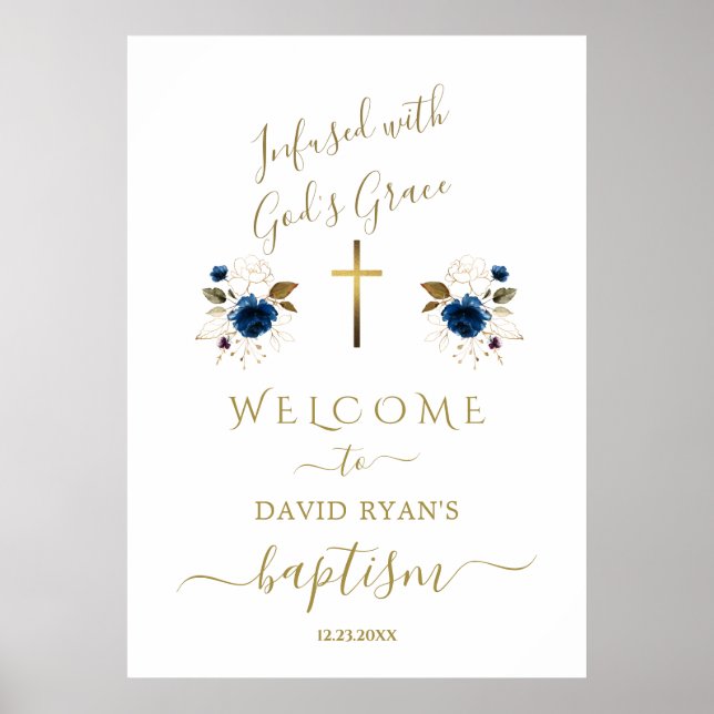 Charm Blue Flowers Gold Boy Baptism Affiche de bie (Devant)