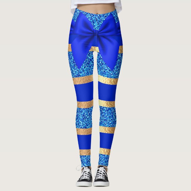 Charm Blue White Stripes Navy Blue Stylish Bow Leg Leggings (Front)