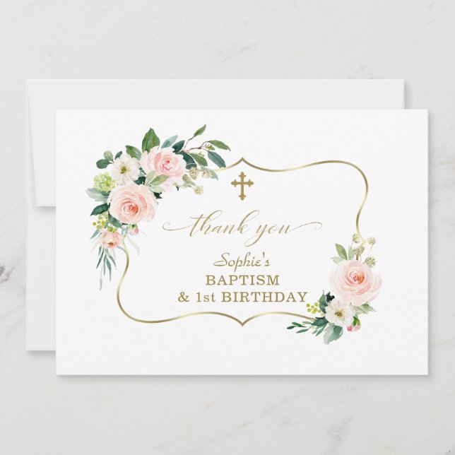 Charm Blush Flowers Gold Girl 1st Birthday Baptism Thank You Card (Front)