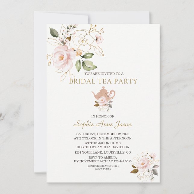 Charm Blush Gold Floral Bridal Shower Tea Party Invitation (Front)