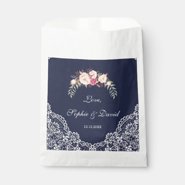 Charm Blush Pink Flowers Lace Navy Wedding Favour Bag (Front)