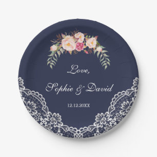 Charm Blush Pink Flowers Lace Navy Wedding Paper Plate