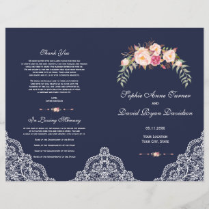 Charm Blush Pink Flowers Lace Navy Wedding Program