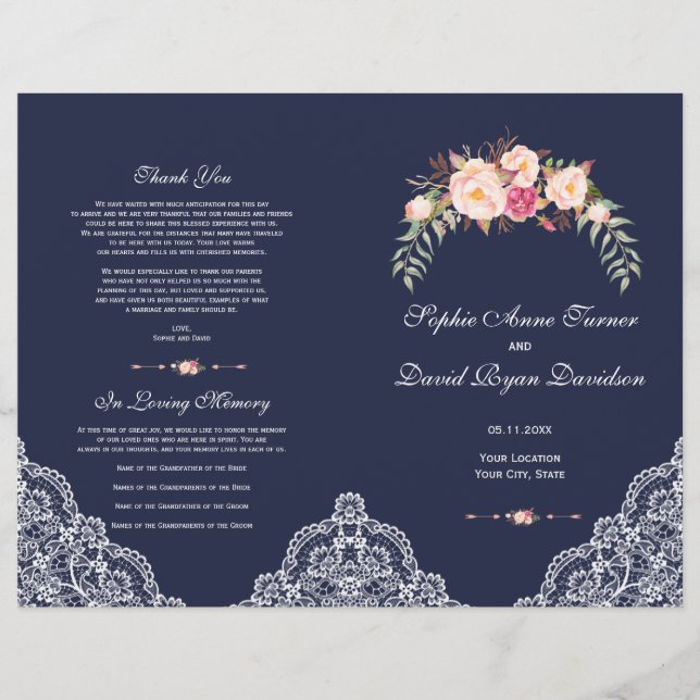 Charm Blush Pink Flowers Lace Navy Wedding Program (Front)