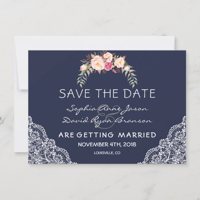 Charm Blush Pink Flowers Lace Navy Wedding Save The Date (Front)