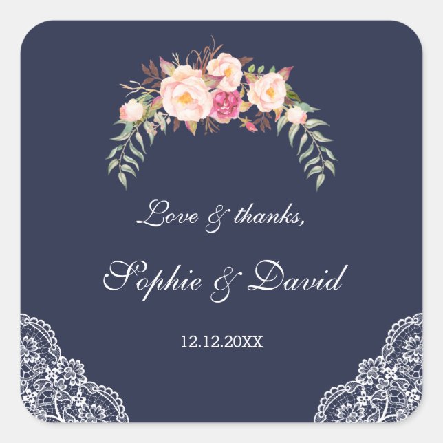 Charm Blush Pink Flowers Lace Navy Wedding Square Sticker (Front)