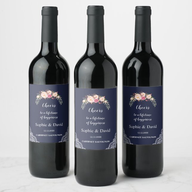 Charm Blush Pink Flowers Lace Navy Wedding Wine Label (Bottles)