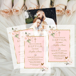 Charm Blush Pink Gold Flowers Girl Baptism Vellum Invitations