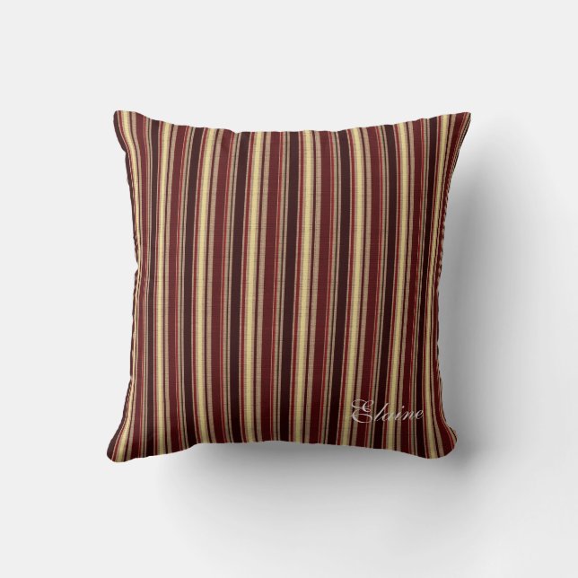 Charm Burgundy Beige Taupe Stripes Custom Monogram Throw Pillow (Back)