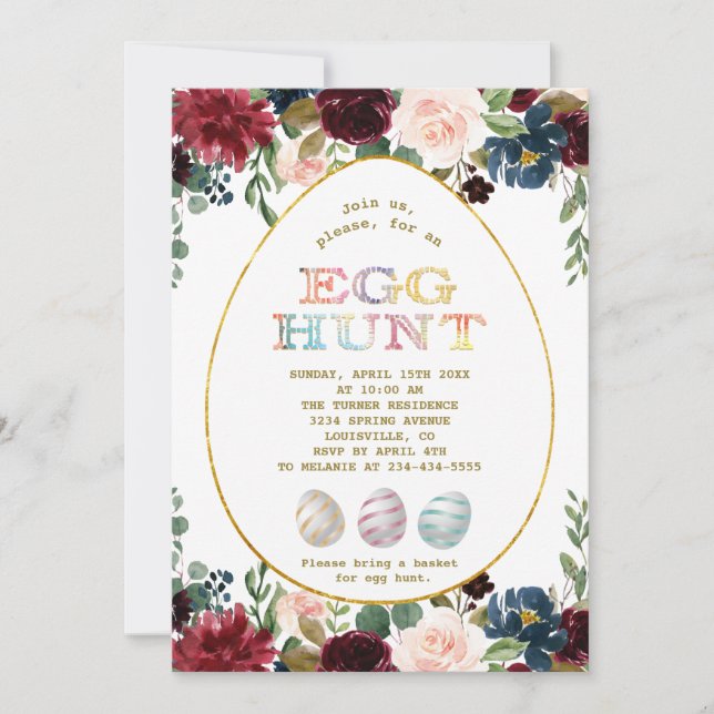 Charm Burgundy Blue Flowers Gold Egg Hunt Easter Invitation (Front)