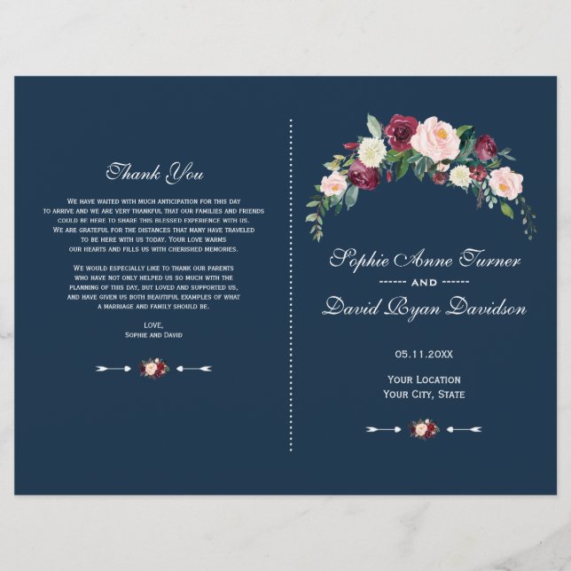 Charm Burgundy Blush Floral Blue Wedding Program (Front)