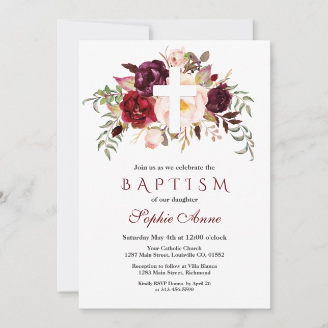 Charm Burgundy Blush Floral White Cross Baptism Invitation (Front)