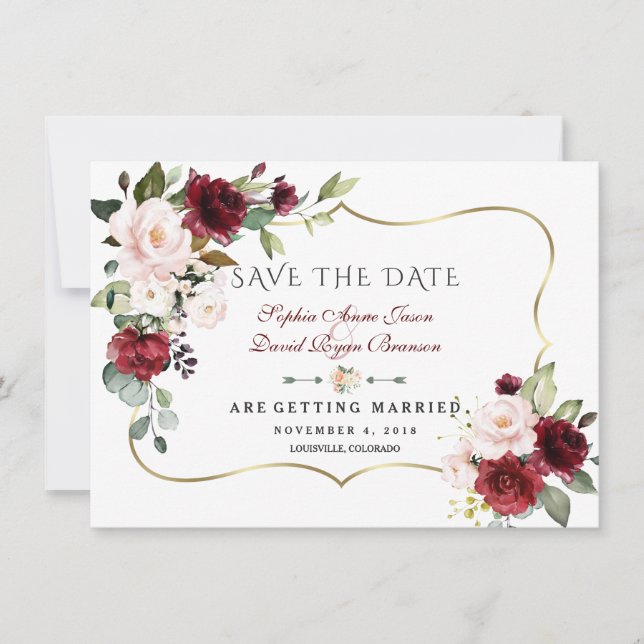 Charm Burgundy Blush Flowers Gold Frame Wedding Save The Date (Front)