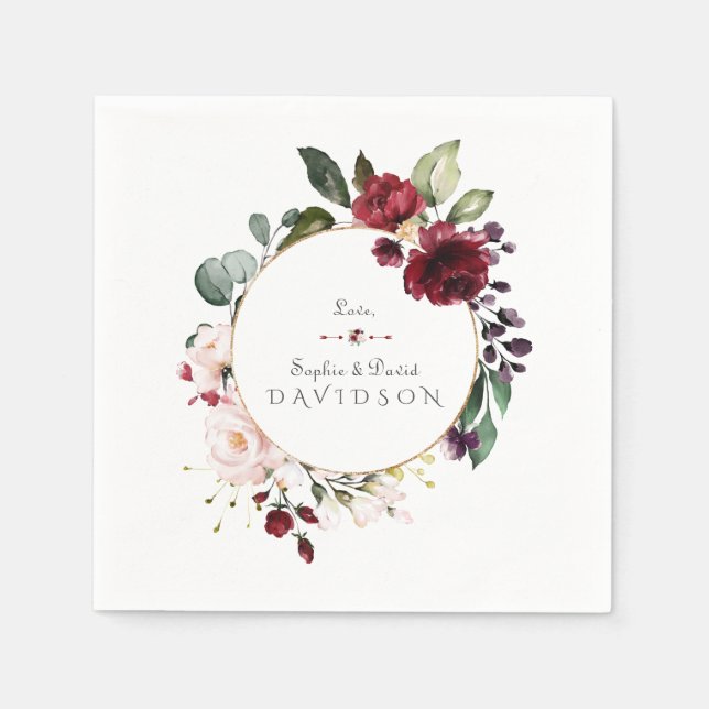 Charm Burgundy Blush Flowers Wreath Wedding Napkin (Front)