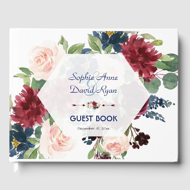 Charm Burgundy Floral Hexagon Frame Wedding Guest Book (Front)