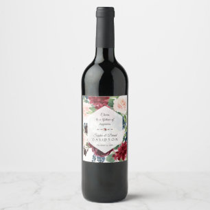 Charm Burgundy Floral Hexagon Frame Wedding Wine Label