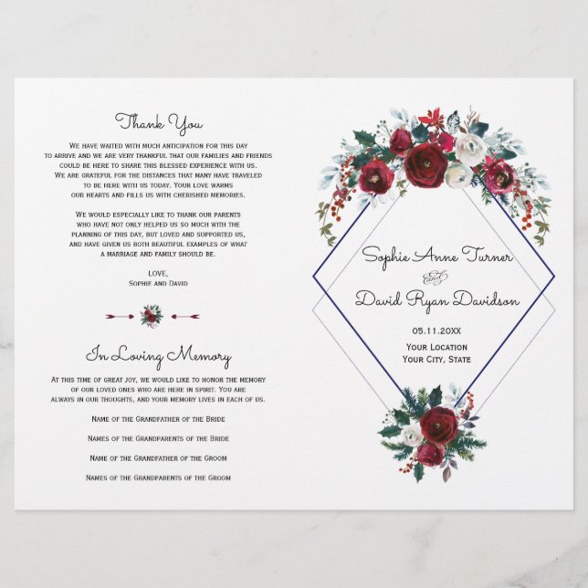 Charm Burgundy Floral Navy Blue Wedding Program (Front)