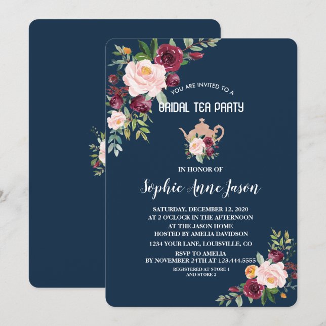 Charm Burgundy Floral Navy Bridal Shower Tea Party Invitation (Front/Back)