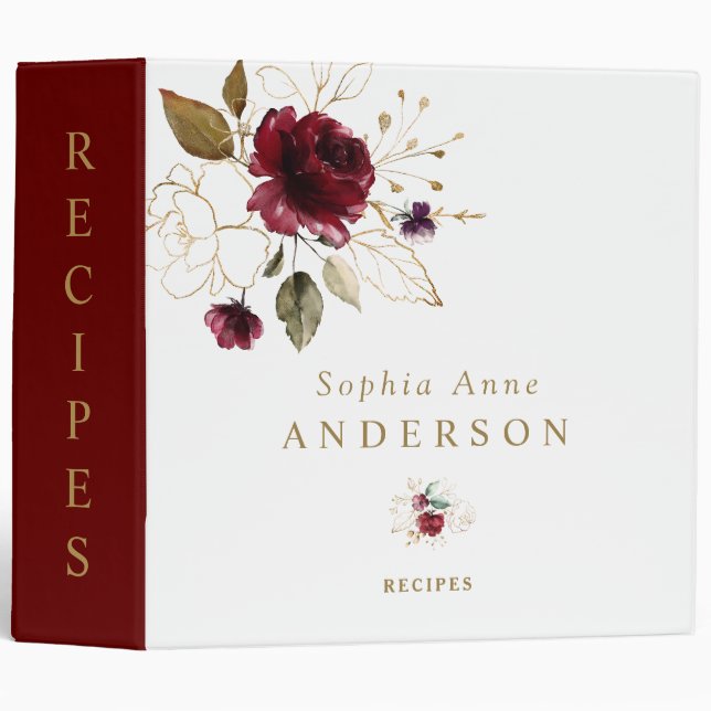 Charm Burgundy Gold Floral Monogram Recipes Binder (Front/Spine)