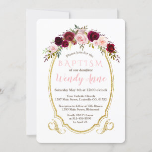 Charm Burgundy Marsala Floral Gold Baptism Invite