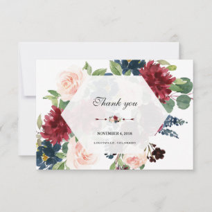 Charm Burgundy Navy Blue Floral Hexagon Frame Thank You Card