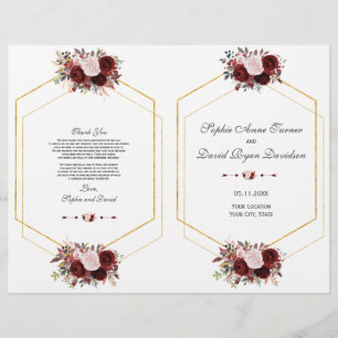 Charm Burgundy Pink Floral Gold Wedding Program