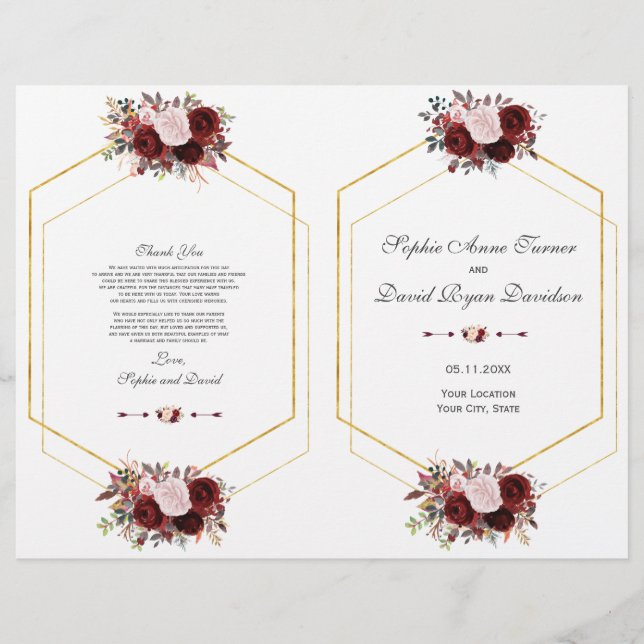 Charm Burgundy Pink Floral Gold Wedding Program (Front)