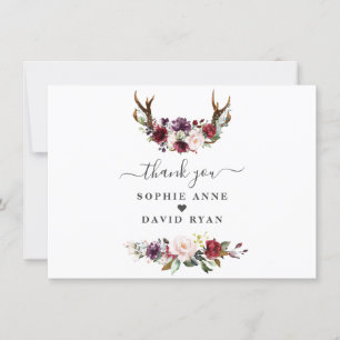 Charm Burgundy Pink Plum Blush Flowers Wedding Thank You Card