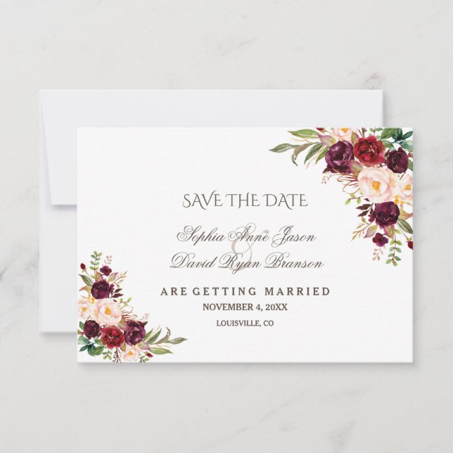 Charm Burgundy Red Marsala Floral Save The Date (Front)