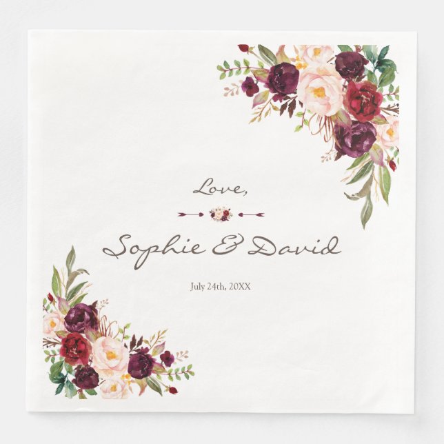 Charm Burgundy Red Marsala Floral Wedding Napkin (Front)