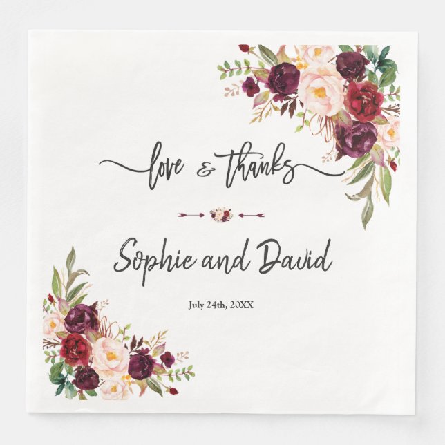 Charm Burgundy Red Marsala Floral Wedding Napkin (Front)