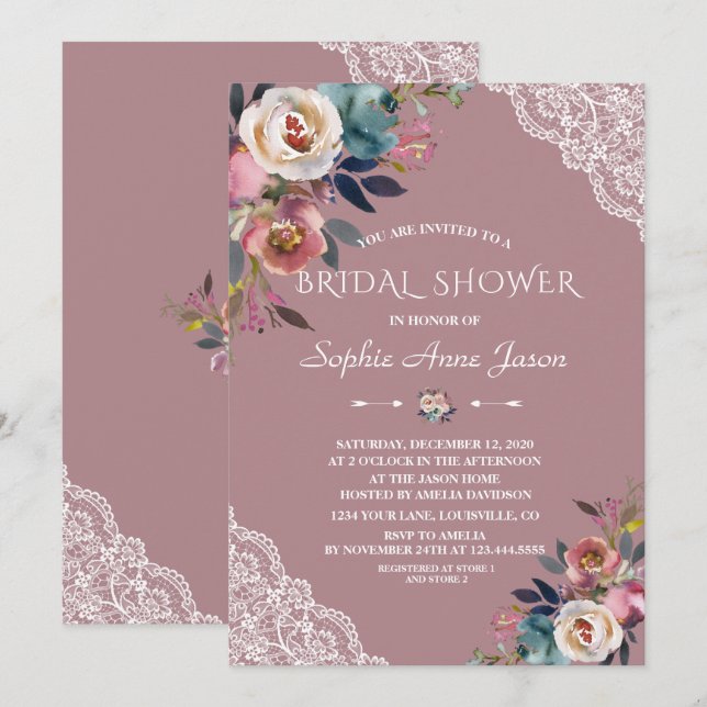 Charm Dusty Blue Dusty Rose Flowers Bridal Shower Invitation (Front/Back)