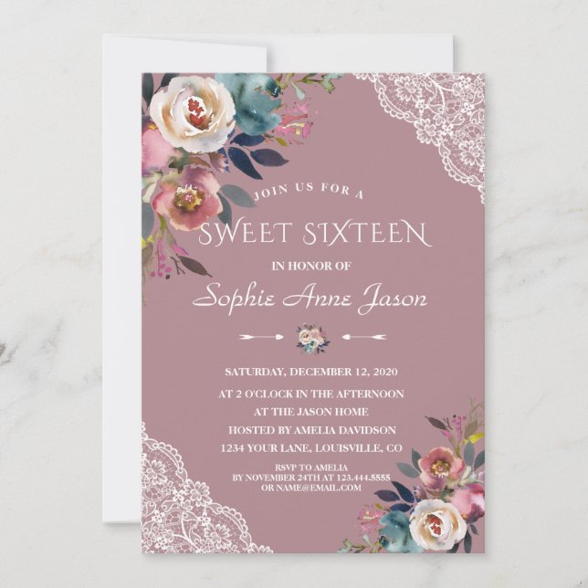 Charm Dusty Blue Dusty Rose Flowers Sweet Sixteen Invitation (Front)