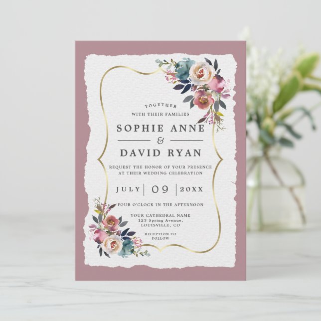 Charm Dusty Blue Flowers Misty Rose Gold Wedding Invitation (Standing Front)