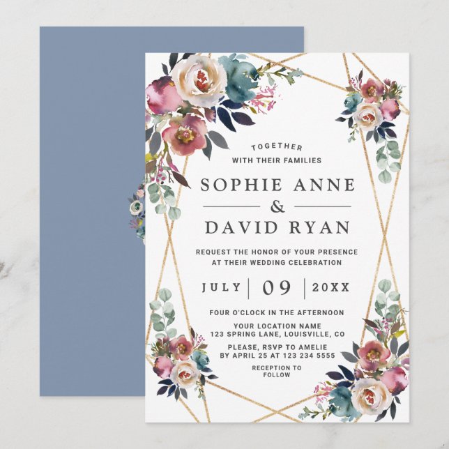 Charm Dusty Blue Misty Rose Floral Gold Wedding Invitation (Front/Back)