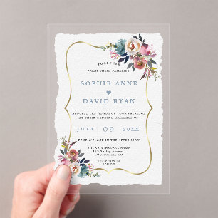 Charm Dusty Blue Misty Rose Flowers Wedding Acrylic Invitations