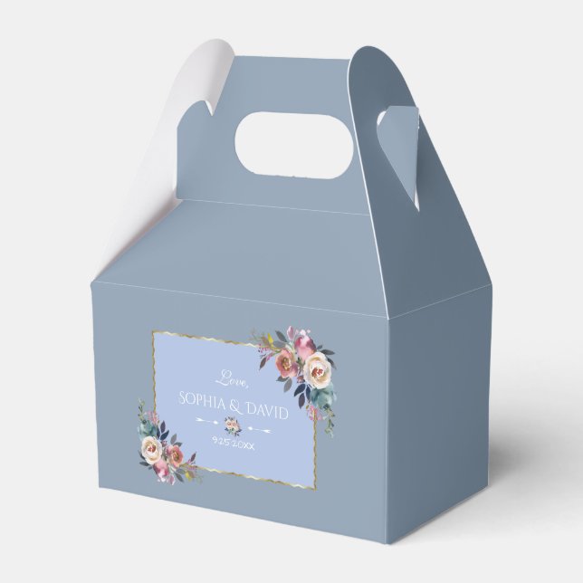 Charm Dusty Blue Pink Flowers Gold Frame Wedding Favor Box (Front Side)
