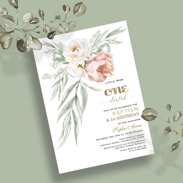 Charm Dusty Rose Flowers First Birthday & Baptism Invitation (Creator Uploaded)