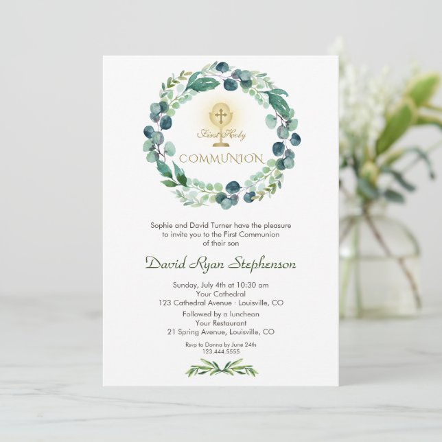  Charm Eucalyptus Foliage Cross 1st Holy Communion Invitation (Standing Front)