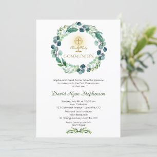 Charm Eucalyptus Foliage Cross 1st Holy Communion Invitation