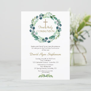 Charm Eucalyptus Foliage Cross Boy Holy Communion Invitation