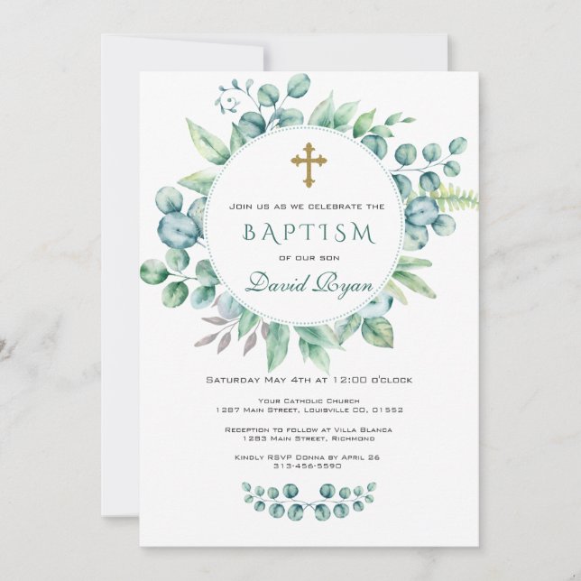 Charm Eucalyptus Greenery Wreath Cross Boy Baptism Invitation (Front)