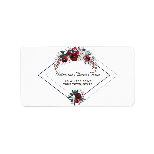 Charm Geometric Burgundy Floral Pine Navy Wedding Label (Front)