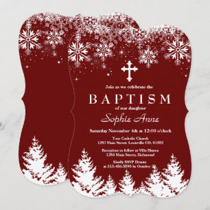Charm Girl Winter Snowflakes Red Glitter Baptism Invitation