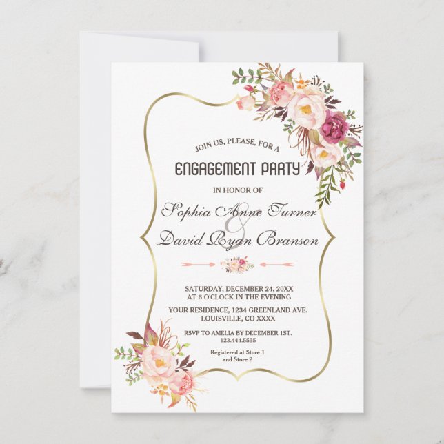 Charm Gold Blush Pink Floral Engagement Party Invitation (Front)