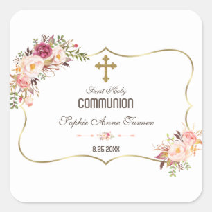 Charm Gold Blush Pink Floral Holy Communion Square Sticker