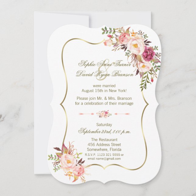 Charm Gold Blush Pink Floral Wedding Evening Invitation (Front)
