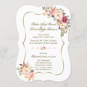Charm Gold Blush Pink Floral Wedding Evening Invitation